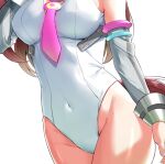  1girl absurdres armlet armpit_crease bare_hips bare_shoulders between_breasts breasts covered_navel cowboy_shot detached_sleeves groin head_out_of_frame highres horse_tail large_breasts leotard long_sleeves mihono_bourbon_(umamusume) necktie necktie_between_breasts pink_necktie simple_background solo tail thighs totoki86 umamusume white_background white_leotard 
