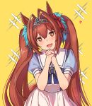  1girl animal_ears banned_artist bow commentary_request daiwa_scarlet_(umamusume) hair_between_eyes hair_ribbon horse_ears horse_girl horse_tail long_hair nacht open_mouth own_hands_together red_bow red_eyes red_hair ribbon school_uniform skirt smile solo sparkling_eyes tail tiara tracen_school_uniform twintails umamusume white_skirt yellow_background 