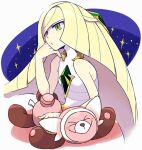  &gt;_&lt; 1girl bare_shoulders blonde_hair breasts diamond_(shape) dress gem green_eyes green_gemstone head_on_hand long_hair lusamine_(pokemon) mur_mu_mu pokemon pokemon_(creature) pokemon_(game) pokemon_sm sleeveless sleeveless_dress small_breasts stufful upper_body very_long_hair white_dress 