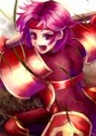  1girl armor attack back_turned bodysuit fire_emblem fire_emblem:_the_binding_blade gwendolyn_(fire_emblem) headband highres looking_at_viewer open_mouth pink_hair raafurugm red_eyes red_headband shoulder_armor 