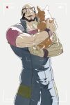  :d animal bald bara beard black_hair black_wristband bulge cowboy_bebop dog ein_(cowboy_bebop) facial_hair haku_(pixiv_98785262) highres holding holding_animal holding_dog hug jet_black licking licking_another&#039;s_face mature_male muscular muscular_male one_eye_closed scar scar_across_eye short_sleeves simple_background smile standing thick_eyebrows viewfinder 