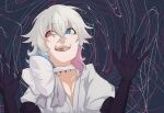  1boy black_gloves blue_eyes blue_hair caitoayu commentary diamond_choker eyelashes gavis_bettel gloves hair_between_eyes hands_up heterochromia highres holostars holostars_english looking_to_the_side male_focus medium_hair multicolored_hair open_mouth pink_eyes pink_hair scarf scene_reference shirt smile solo teeth upper_body upper_teeth_only virtual_youtuber white_hair white_scarf white_shirt 