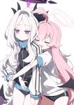  2girls absurdres ahoge black_buruma blue_archive blush buruma closed_eyes closed_mouth demon_horns demon_wings fang grey_hair gym_uniform hair_between_eyes halo highres hina_(blue_archive) horns hoshino_(blue_archive) hug hug_from_behind jacket leaning_on_person long_hair long_sleeves multicolored_clothes multicolored_jacket multiple_girls multiple_horns open_mouth pink_hair pink_halo purple_eyes shirt short_sleeves simple_background track_jacket two-tone_jacket very_long_hair wagashi928 white_background white_shirt wings 
