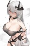 1girl absurdres arknights bangs bare_shoulders black_gloves blush bottomless breasts cleavage collar cowboy_shot gloves grey_hair hair_between_eyes hair_ornament highres horns infection_monitor_(arknights) large_breasts long_hair looking_at_viewer mudrock_(arknights) nose_blush open_mouth oripathy_lesion_(arknights) otsumami_(02mami) pointy_ears red_eyes simple_background solo strap_slip sweat very_long_hair white_background 