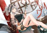  1girl animal_ears arknights bangle bare_legs bare_shoulders black_dress bracelet breasts china_dress chinese_clothes dress dutch_angle erhu eyewear_on_head feater_(arknights) glint grey_hair grin high_heels highres holding infection_monitor_(arknights) instrument jewelry knee_up large_breasts long_hair looking_at_viewer multicolored_hair orange_eyes oripathy_lesion_(arknights) panda_ears rero_(bigdoorbig2) round_eyewear shawl short_dress sitting sleeveless sleeveless_dress smile solo streaked_hair sunglasses table taut_clothes taut_dress thigh_strap thighs twintails two-tone_hair vase 