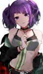  1girl arm_behind_back asymmetrical_bangs bangs black_bra black_choker black_jacket blunt_bangs bra breasts choker collarbone diagonal_bangs ear_piercing idolmaster idolmaster_shiny_colors jacket jacket_partially_removed looking_at_viewer medium_breasts piercing purple_eyes purple_hair purple_lips see-through simple_background solo tanaka_mamimi toto_(kuro_toto) twintails underwear white_background 