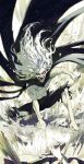  1boy absurdres barefoot black_cape blurry blurry_foreground boku_no_hero_academia cape clenched_hands crack cracked_floor dust dust_cloud ghdwid highres long_hair looking_at_viewer male_focus navel open_mouth pants red_eyes scar scar_across_eye scar_on_face shigaraki_tomura smile solo spoilers teeth tongue topless_male torn torn_cape torn_clothes torn_pants white_hair 