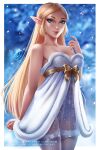  1girl bare_arms bare_shoulders blonde_hair bow deviantart_username dress green_eyes long_hair looking_at_viewer olchas paid_reward_available panties patreon_username pointy_ears princess_zelda signature solo the_legend_of_zelda underwear white_dress white_panties yellow_bow 
