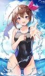  1girl bangs bare_shoulders blue_eyes blush braid breasts brown_hair cloud collarbone covered_navel hair_ornament highres hololive long_hair looking_at_viewer ocean one-piece_swimsuit open_mouth ponytail ribbon sky smile solo star_(symbol) star_hair_ornament swimsuit tokino_sora toko virtual_youtuber wading wet yuuzuki_(re&#039;ef) 