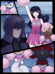  1boy 1girl :d bare_shoulders black_eyes blue_eyes blue_hair buneary cheerleader closed_mouth clothed_pokemon contrapposto hair_ornament hairclip highres looking_at_viewer miniskirt open_mouth pachirisu paul_(pokemon) pink_shirt piplup pleated_skirt pokemon pokemon_(creature) pokemon_(game) pokemon_dppt pom_pom_(cheerleading) sanpaku shirt skirt smile weavile zakirsiz 