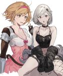  1girl alter_ego_malevolent_(granblue_fantasy) armor black_choker black_jacket black_nails blonde_hair breasts brown_eyes choker djeeta_(granblue_fantasy) feather_boa fighter_(granblue_fantasy) fishnet_legwear fishnets granblue_fantasy hair_ornament hairband hashibiro_kou_(garapiko_p) highres jacket off_shoulder official_alternate_costume open_clothes open_jacket orange_hair red_eyes short_hair simple_background single_leg_pantyhose upper_body white_hair x_hair_ornament 