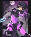  1girl alternate_costume armor armored_boots black_hair boots commission fire_emblem fire_emblem:_genealogy_of_the_holy_war fire_emblem_heroes full_moon glowing glowing_sword glowing_weapon grin highres holding holding_sword holding_weapon larcei_(fire_emblem) looking_at_viewer moon navel night night_sky pelvic_curtain purple_eyes sheath short_hair sirknightbot skeleton sky smile solo swimsuit sword urushihara_satoshi_(style) weapon 