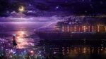  1girl boat cloud commentary_request crescent_moon cruise_ship halo highres moon night ocean original outdoors rinneko_(rinne_paint) scenery sky solo standing star_(sky) starry_sky watercraft wide_shot 