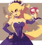  1girl blonde_hair bowsette bracelet breasts brown_background collar collarbone commentary_request covered_navel detached_sleeves fire hair_between_eyes hand_on_hip holding horns jewelry lizard_tail long_hair looking_away looking_to_the_side mario_(series) medium_breasts metata new_super_mario_bros._u_deluxe open_mouth purple_skirt purple_sleeves red_eyes sharp_teeth skirt solo spiked_bracelet spiked_collar spikes tail teeth two-tone_background white_background white_horns 