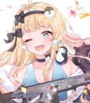  apex_legends assault_rifle black_bow black_hairband blonde_hair blue_eyes blue_sports_bra blush bow breasts cleavage commission english_commentary gun hair_bow hairband highres holding holding_gun holding_hair holding_weapon indie_virtual_youtuber long_hair mimishima_pyon one_eye_closed penguin_hair_ornament r-301_carbine rifle second-party_source shain skeb_commission smile sports_bra virtual_youtuber weapon white_background 