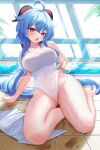  1girl absurdres ahoge bare_arms bare_legs bare_shoulders barefoot blue_hair breasts collarbone covered_navel ganyu_(genshin_impact) genshin_impact goat_horns highleg highleg_swimsuit highres horns hwa_sawa large_breasts long_hair looking_at_viewer one-piece_swimsuit open_mouth poolside purple_eyes solo swimsuit thighs towel very_long_hair wet white_swimsuit 