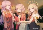  3girls akamatsu_kaede alternate_costume alternate_hair_ornament artist_name bangs bare_shoulders black_ribbon blunt_bangs blurry blurry_background breasts brown_background brown_hair closed_mouth danganronpa:_trigger_happy_havoc danganronpa_(series) danganronpa_2:_goodbye_despair danganronpa_v3:_killing_harmony flipped_hair flower hair_flower hair_ornament hair_ribbon handheld_game_console holding holding_handheld_game_console kirigiri_kyouko long_hair long_sleeves medium_breasts multiple_girls musical_note musical_note_hair_ornament nanami_chiaki nintendo_switch open_mouth pink_eyes ribbon rui_(ruii_1025) shiny shiny_hair short_hair smile 