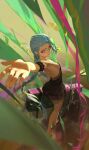  1girl absurdres arm_garter arm_up bare_legs barefoot black_dress blue_hair braid breasts closed_mouth dress foreshortening from_above full_body highres hlyzz holding_case jinx_(league_of_legends) league_of_legends long_hair looking_at_viewer low_twin_braids nail_polish red_eyes small_breasts solo standing strapless strapless_dress twin_braids very_long_hair 