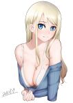  2018 absurdres blonde_hair blue_eyes blue_sweater bra clothes_pull collarbone cropped_torso dated grin highres long_hair looking_at_viewer off-shoulder_sweater off_shoulder original shiny shiny_hair simple_background sketch smile straight_hair sweater sweater_pull underwear viktorf white_background white_bra 