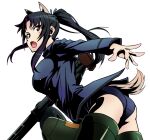  1girl 5to_rai animal_ears arm_behind_back ass black_hair blue_jacket dog_ears dog_tail drum_magazine from_below from_side gun hattori_shizuka high_ponytail jacket long_hair looking_at_viewer machine_gun magazine_(weapon) open_mouth school_swimsuit sidelocks solo strike_witches striker_unit swimsuit tail thighs uniform weapon white_background world_witches_series 
