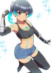  1girl blue_hair breasts brown_eyes chest_jewel fiery_hair glowing_lines highres kamidan leggings navel sena_(xenoblade) shorts shoulder_strap side_ponytail simple_background small_breasts solo sports_bra white_background xenoblade_chronicles_(series) xenoblade_chronicles_3 