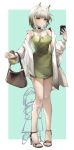 1girl 1other absurdres alternate_costume animal_ears arknights bag bangs bare_legs bare_shoulders black_choker breasts cat_ears cellphone chinese_commentary choker cleavage commentary_request doctor_(arknights) dress full_body green_dress green_eyes hand_up handbag high_heels highres holding holding_phone jacket kal&#039;tsit_(arknights) long_sleeves looking_at_viewer medium_breasts off_shoulder open_clothes open_jacket oripathy_lesion_(arknights) phone short_dress short_hair sleeveless sleeveless_dress smartphone spaghetti_strap standing tabayashi thighs white_hair white_jacket 