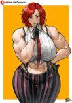  1girl batako_(pixiv54063972) breasts curvy highres huge_breasts large_breasts mature_female muscular muscular_female necktie plump red_hair signature sleeveless snk suspenders the_king_of_fighters thick_thighs thighs vanessa_(kof) wide_hips 