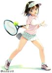  1girl :d ball bangs black_hair blue_eyes collared_shirt commentary_request full_body head_tilt holding koutaro motion_blur original pink_footwear pink_shirt pleated_skirt racket shirt shoes short_sleeves simple_background skirt smile socks solo sportswear standing tennis_ball tennis_racket tennis_uniform twitter_username visor_cap white_background white_headwear white_skirt 