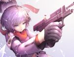  1girl ahoge aiming belt black_gloves broken_glass buttons double-breasted dutch_angle firing girls&#039;_frontline glass gloves grey_shorts gun handgun hat holding holding_gun holding_weapon midriff military military_hat military_uniform mp-446_(girls&#039;_frontline) mp-446_viking open_mouth purple_eyes purple_hair red_scarf scarf shell_casing short_hair shorts solo suginakara_(user_ehfp8355) thighs uniform v-shaped_eyebrows weapon 