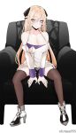  1girl absurdres alternate_costume armchair artist_name bangs bare_shoulders black_panties black_thighhighs blonde_hair blush boots breasts chair cleavage closed_mouth collarbone commission dress english_commentary full_body g3_(girls&#039;_frontline) garter_straps girls&#039;_frontline hair_ornament hairclip high_heel_boots high_heels highres long_hair looking_at_viewer loveya1224 medium_breasts panties pantyshot pixiv_request purple_eyes sitting smile solo thighhighs underwear white_background white_dress white_footwear 