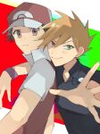  2boys bangs black_shirt blue_oak blush brown_eyes brown_hair closed_mouth collared_shirt hair_between_eyes hat jacket jewelry looking_at_viewer male_focus multiple_boys necklace norisukep pokemon pokemon_(game) pokemon_frlg red_(pokemon) red_headwear shirt short_hair short_sleeves smile spiked_hair symbol-only_commentary upper_body wristband 