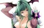  1girl arm_behind_head bangs bare_shoulders bat_wings breasts bridal_gauntlets cleavage collarbone commentary demon_girl eyeshadow fangs feather_trim green_eyes green_hair hair_over_breasts head_wings highres holding holding_hair large_breasts long_hair makeup mikamiruka_0728 morrigan_aensland open_mouth simple_background smile solo upper_body vampire_(game) white_background wings 