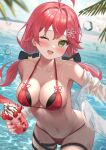  1girl ;d absurdres ahoge bangs bikini blush breasts cleavage collarbone cup dodota dot_nose food fruit green_eyes hair_between_eyes hair_ornament hairclip halterneck highres holding holding_cup hololive ice_cream ice_cream_float long_hair looking_at_viewer low_twintails medium_breasts navel ocean one_eye_closed open_mouth outdoors pink_hair red_bikini revision sakura_miko smile solo strawberry string_bikini swimsuit thigh_strap twintails virtual_youtuber water wet 
