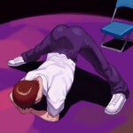  1boy ass black_pants brown_hair chair commentary english_commentary folding_chair from_above hanny_(uirusu_chan) high-waist_pants highres ikari_shinji jack-o&#039;_challenge looking_down male_focus meme neon_genesis_evangelion pants shinji_in_a_chair_(meme) shirt shoes short_hair short_sleeves solo spotlight spread_legs top-down_bottom-up white_footwear white_shirt wing_collar 