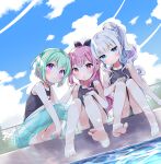  3girls amimi bangs barefoot blue_eyes blue_sky blue_swimsuit blunt_bangs blush cloud cloudy_sky commentary_request dutch_angle feet fence flat_chest full_body green_hair grey_hair head_tilt highres innertube knees_together_feet_apart long_hair looking_at_viewer medium_hair multiple_girls one-piece_swimsuit original outdoors pink_eyes pink_hair poolside purple_eyes school_swimsuit shiny shiny_hair sitting sky soles squatting swimsuit thighs toes 