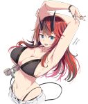  1girl aqua_eyes armpits arms_up bikini black_bikini black_hair black_horns breasts collarbone dated eyewear_on_clothing highres horns kichihachi large_breasts long_hair looking_at_viewer multicolored_hair navel navel_piercing open_mouth piercing red_hair ryugasaki_rene shorts simple_background solo sugar_lyric sunglasses swimsuit tail twitter_username two-tone_hair virtual_youtuber white_background white_shorts 