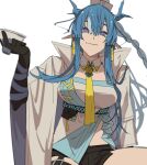  1girl arknights arm_up black_shorts blue_eyes blue_hair braid coat cup dragon_girl dragon_horns earrings highres holding holding_cup horns jewelry ling_(arknights) multicolored_hair necktie open_clothes open_coat pointy_ears salmon_tan short_shorts shorts streaked_hair tassel tassel_earrings white_background white_coat yellow_necktie 