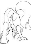  anthro bandai_namco breasts canid canine digimon digimon_(species) female fox genitals looking_at_viewer mammal monochrome nude pussy reddragonkan renamon solo traditional_media_(artwork) upside_down 