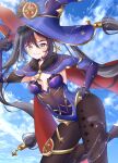  1girl black_gloves black_hair black_leotard black_pantyhose blue_cape blue_hat blue_leotard blue_sky blue_sleeves breasts breasts_apart cape cloud day detached_sleeves feet_out_of_frame genshin_impact gloves green_eyes hair_between_eyes hand_on_own_hip hashtag-only_commentary hat highres hydrokinesis leotard long_hair long_sleeves looking_at_viewer medium_breasts mona_(genshin_impact) outdoors pantyhose parted_lips red_cape sky smile solo strapless strapless_leotard teeth twintails twitter_username two-tone_cape two-tone_leotard very_long_hair watatai water 