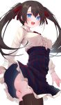  1girl :d absurdres ass black_thighhighs blue_eyes blue_skirt bow bowtie breasts brown_hair center_frills commentary_request double-parted_bangs frilled_shirt frilled_shirt_collar frilled_skirt frills hair_between_eyes high-waist_skirt highres hololive long_hair long_sleeves looking_at_viewer medium_breasts mikaku official_alternate_costume official_alternate_hairstyle oozora_subaru oozora_subaru_(casual) plaid_clothes plaid_skirt red_bow red_bowtie red_ribbon ribbon shirt simple_background skirt smile solo standing thighhighs twintails virtual_youtuber white_background white_shirt wind wind_lift 