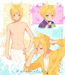  1boy :t abs absurdres animal_ears blonde_hair blue_eyes blue_shirt chips food forehead fox_boy fox_ears highres male_focus multicolored_eyes muscular muscular_male navel open_mouth original potato_chips shirt short_hair sweetmeloday towel towel_around_waist yellow_eyes yellow_shirt 