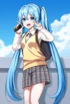  1girl :d absurdres backpack bag bangs blue_eyes blue_hair blue_sky bow bowtie cloud collared_shirt grey_bow grey_bowtie grey_skirt hair_between_eyes hatsune_miku highres holding ille_(xcpa7325) long_hair long_sleeves looking_at_viewer miniskirt plaid plaid_bow plaid_bowtie plaid_skirt school_uniform shiny shiny_hair shirt skirt sky smile solo standing sweater sweater_vest twintails v very_long_hair vocaloid w white_shirt wing_collar yellow_sweater 