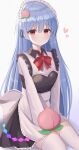  1girl absurdres alternate_costume aohane black_dress blue_hair blush closed_mouth dress enmaided hair_between_eyes heart highres hinanawi_tenshi long_hair long_sleeves maid maid_headdress red_eyes smile solo thighhighs touhou white_thighhighs 