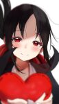  1girl balloon black_cape black_hair blurry blush cape collared_cape folded_ponytail forehead half-closed_eyes heart_balloon highres holding holding_balloon kaguya-sama_wa_kokurasetai_~tensai-tachi_no_renai_zunousen~ looking_at_viewer orobou red_eyes shinomiya_kaguya simple_background smile solo upper_body white_background 