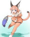  1girl animal_costume animal_ear_fluff animal_ears blue_eyes bow bowtie caracal_(kemono_friends) caracal_ears eggplant elbow_gloves gloves kemono_friends kemono_friends_v_project kneehighs long_hair looking_at_viewer microphone orange_hair shirt shoes simple_background skirt sleeveless sleeveless_shirt socks tail taurine_8000mg virtual_youtuber 