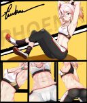  1girl abs armpits arms_up ass back bangs breasts butt_crack character_request crotch from_side fu_hua highres honkai_(series) honkai_impact_3rd looking_at_viewer multicolored_hair multiple_views navel nonoririn pants pink_hair red_eyes shoes sitting small_breasts smile socks sports_bra sportswear stomach streaked_hair stretching sweat 