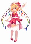  1girl :d absurdres arm_up ascot bangs blonde_hair crystal flandre_scarlet full_body hat highres iris_(airisu495) looking_at_viewer mob_cap one_side_up open_mouth rainbow_order red_eyes red_footwear red_skirt red_vest shirt simple_background skirt smile solo standing teeth thighhighs thighs touhou upper_teeth vest white_background white_headwear white_shirt white_thighhighs wings wrist_cuffs yellow_ascot 