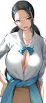  1girl black_hair blue_bow blue_bowtie blue_sweater bow bowtie breasts brown_hair brown_skirt candice_(pokemon) cleavage clothes_around_waist collarbone collared_shirt hair_ornament hairclip hand_on_hip highres large_breasts long_hair looking_at_viewer open_clothes open_mouth open_shirt pokemon pokemon_(game) pokemon_dppt shirt skirt solo sweater sweater_around_waist twintails white_background white_shirt yuuyuu_(yuuki1771) 