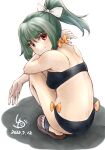 1girl artist_logo bikini black_bikini commentary_request dated from_behind green_hair kantai_collection ld_(luna_dial398) long_hair looking_at_viewer looking_back ponytail red_eyes sandals simple_background solo squatting swimsuit white_background yuubari_(kancolle) 