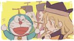  &gt;_o 1boy 3girls bell black_headwear blonde_hair bright_pupils brown_hair crossover doraemon doraemon_(character) green_eyes hat kyuutame long_hair matara_okina multiple_girls neck_bell nishida_satono one_eye_closed orange_eyes pink_eyes pointing takecopter tate_eboshi teireida_mai touhou tricorne upper_body white_hair white_pupils yellow_background 